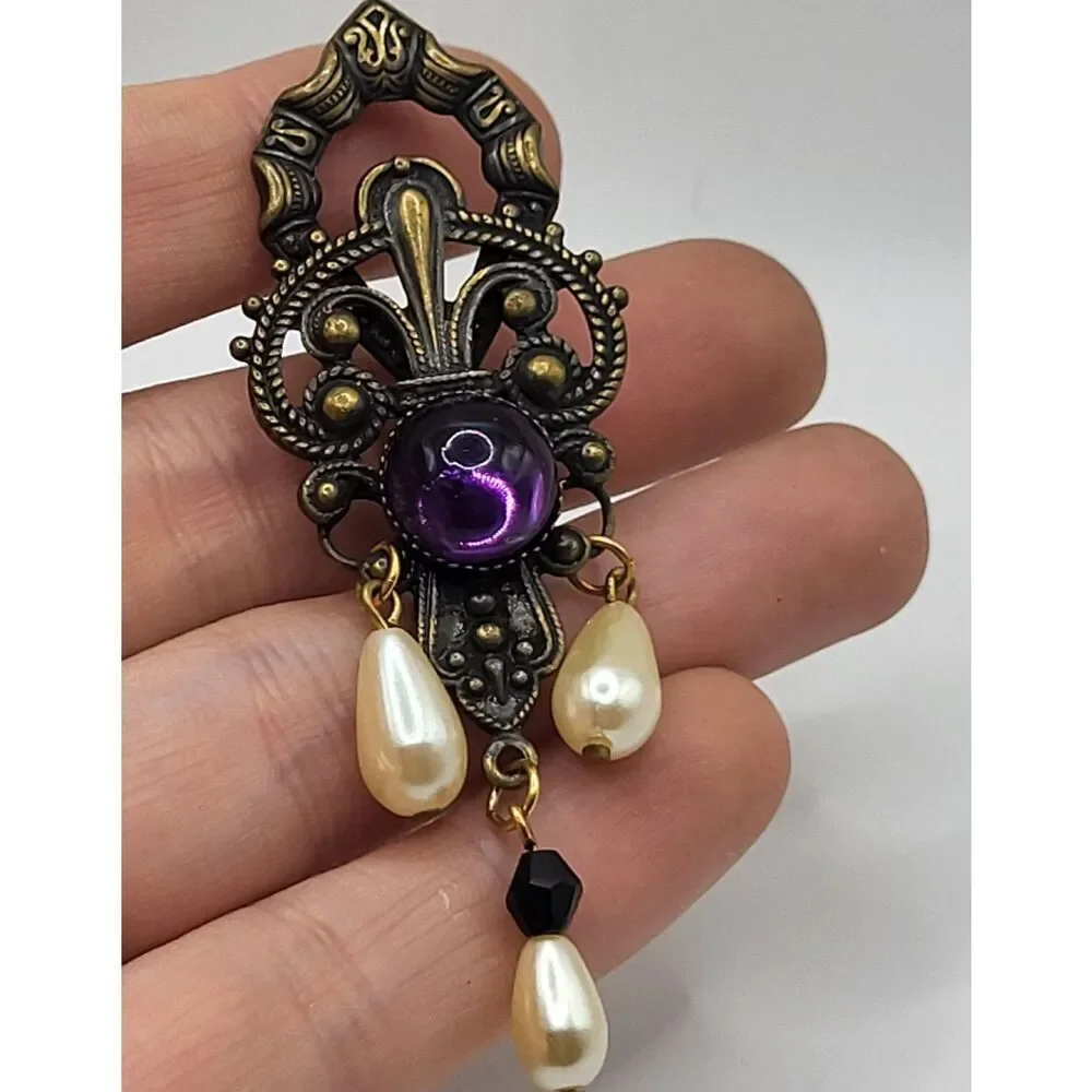 Baroque Purple Cabochon Bronze Brooch Pin 3in